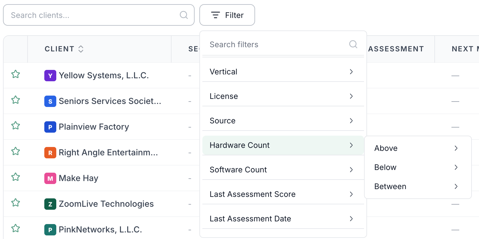 Filter menu on the Clients list showing Hardware Count with Above, Below and Between options