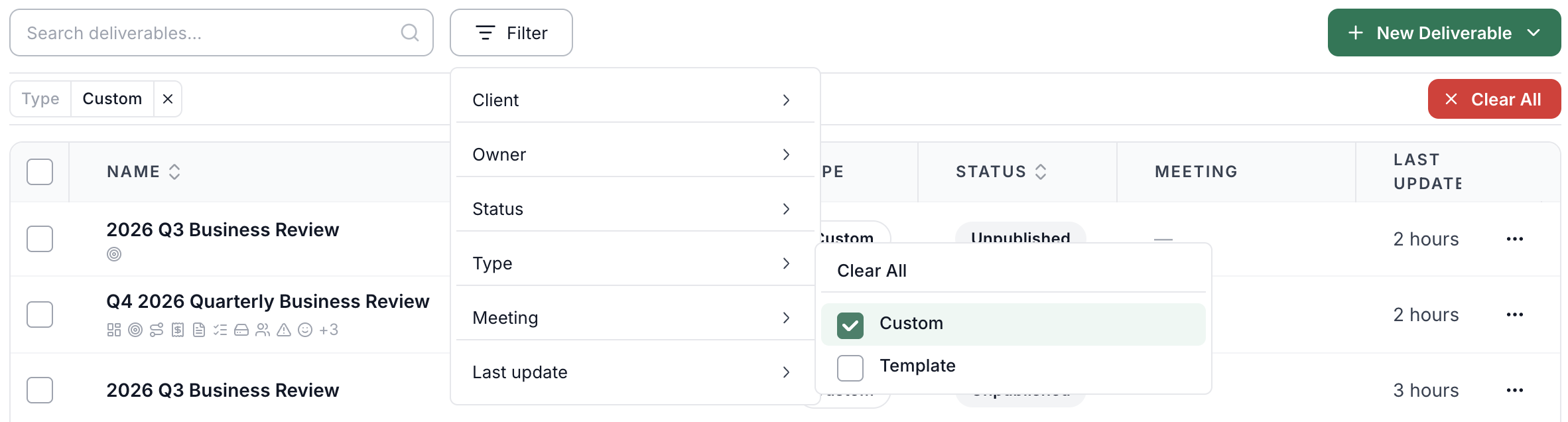 Deliverables list with the Filter menu open and a Type filter chip applied