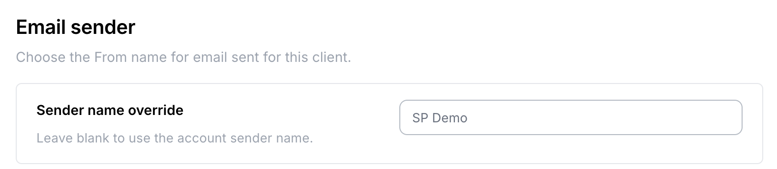 Email sender card with the Sender name override field