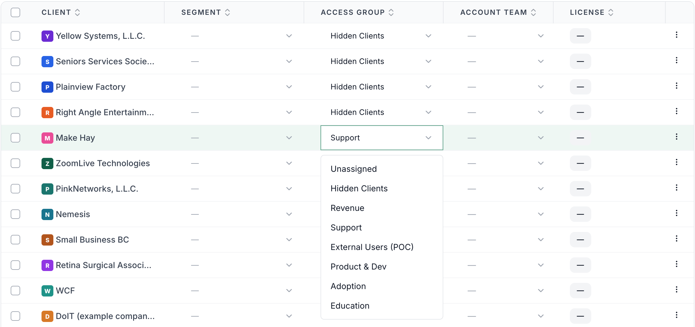 Access group dropdown open in a row of the Clients settings table
