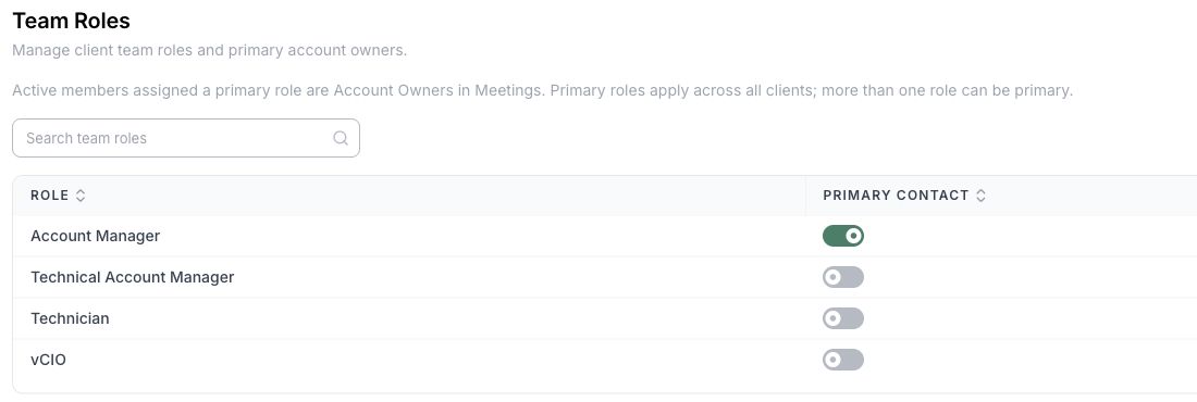 Choose which client team roles count as Account Owners in Meetings. Example shown in the SP Demo account.