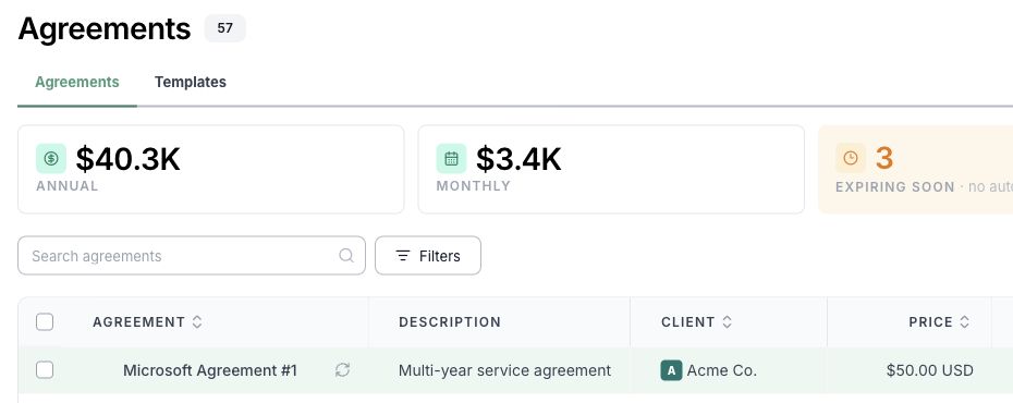 1. Open Agreements and select the agreement name to open its details drawer. Example shown with mock data.