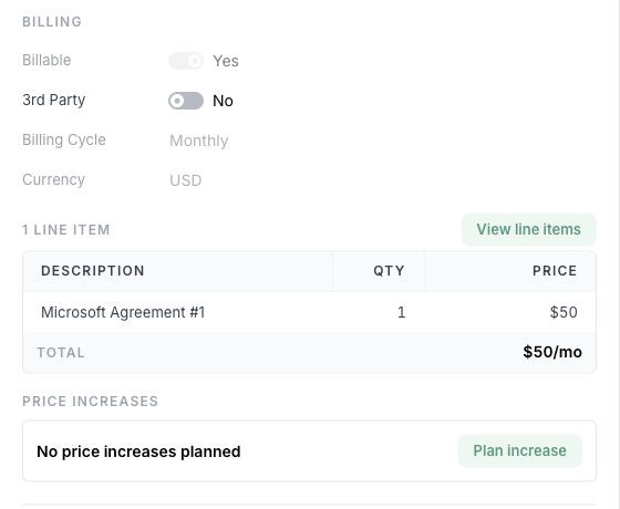 2. On the Details tab, scroll below Billing and the line-item summary. Select Plan increase in Price Increases. Example shown with mock data.