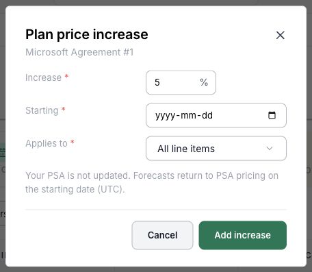 3. Enter the percentage, starting date, and agreement or line-item scope in the Plan price increase form. Example shown with mock data.