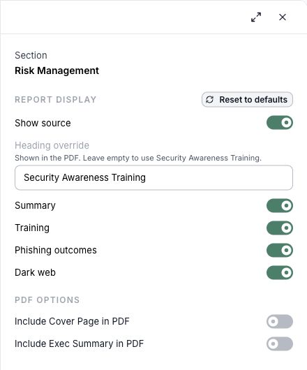 Use the report’s Configure action to choose its heading, source label, visible metrics, and PDF options. Example shown with mock data.