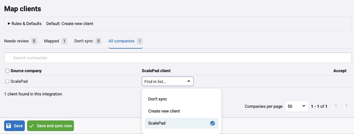 Choose an existing client, create a new client, or leave a source company out of sync.