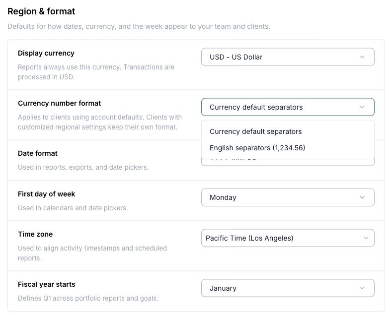 Choose the account’s currency number format under Region & format.