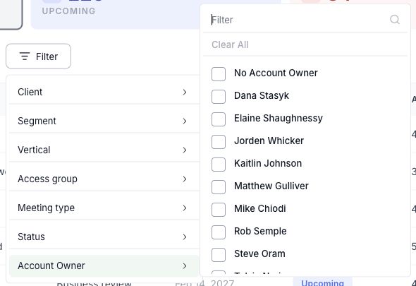 Filter account-wide Meetings by Account Owner, including clients with no primary owner.