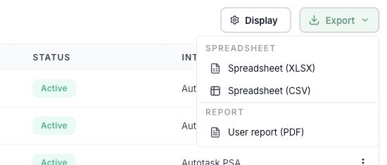 Open Export to choose a contact spreadsheet or a client user report. Example shown with synthetic demo contacts.