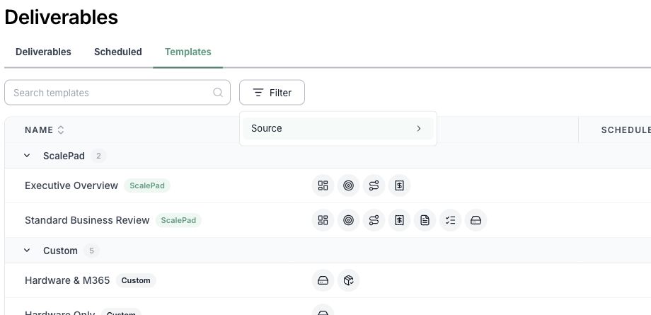 Browse ScalePad and Custom templates, or use the Source filter to narrow the list.
