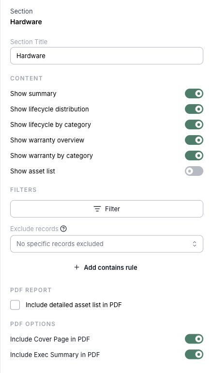 Configure the section title, visible content, filters, and PDF options in the section settings. Hardware section shown.