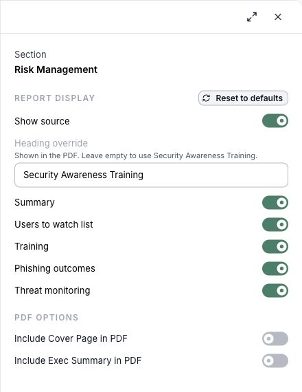 Choose whether to show the Summary, Users to watch list, Training, Phishing outcomes, and Threat monitoring. Example shown with mock data.